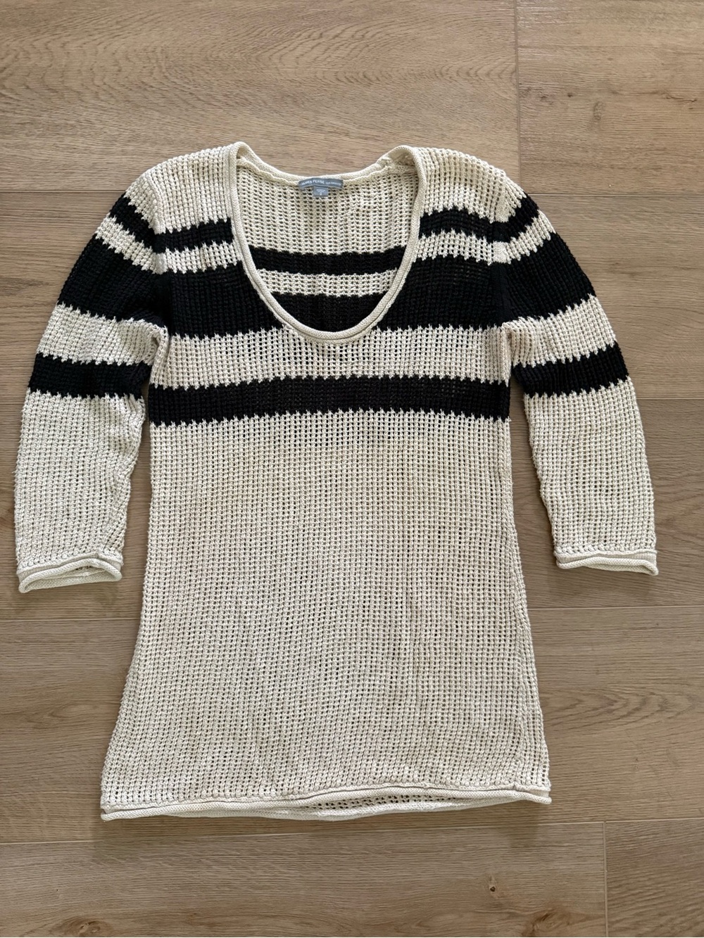 James Perse Open Knit Cotton Linen Stripe Sweater Ivory Black Size 2 Medium